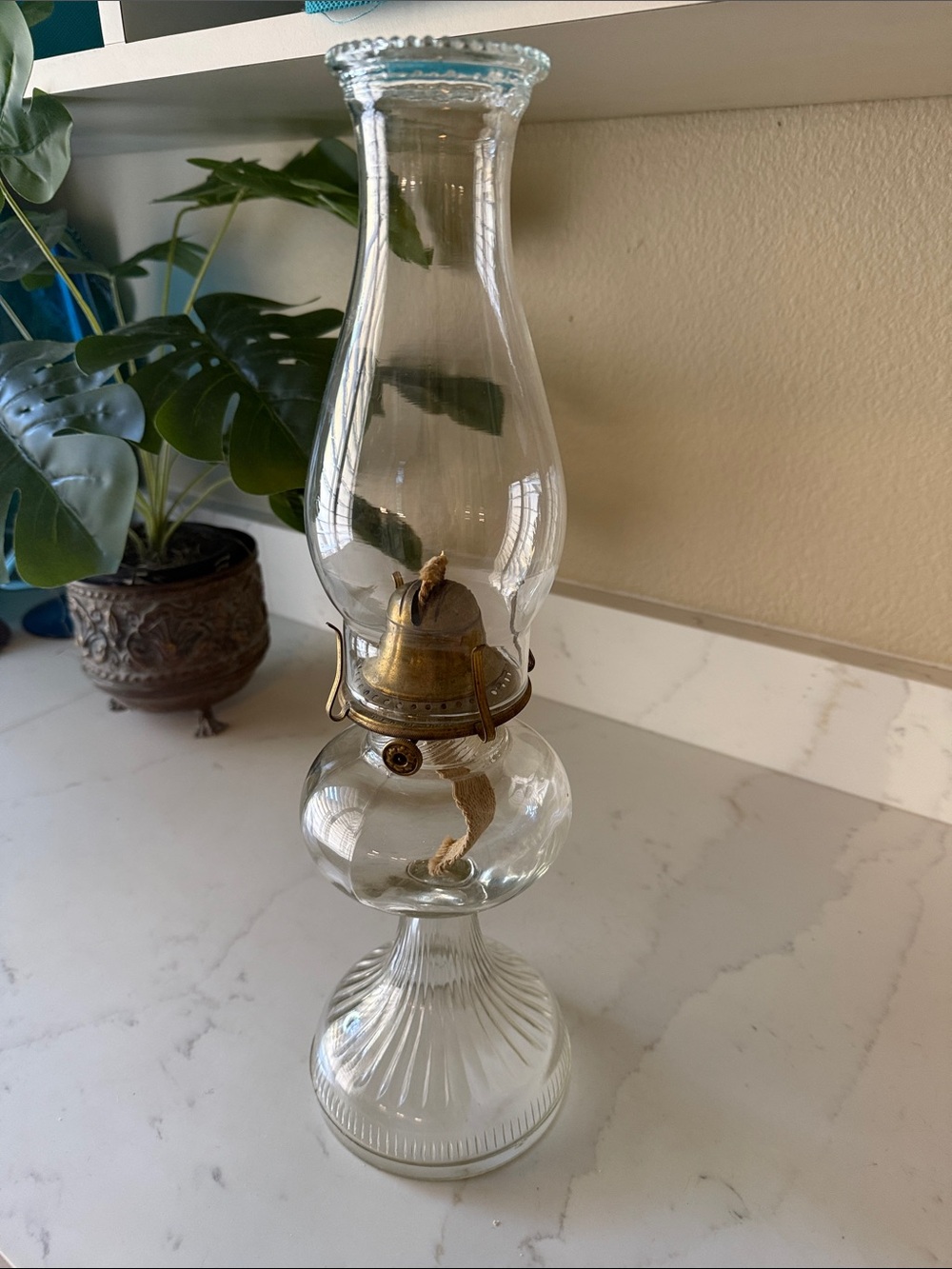 Vintage Molded Blown Glass and Brass  Oil Lamp
